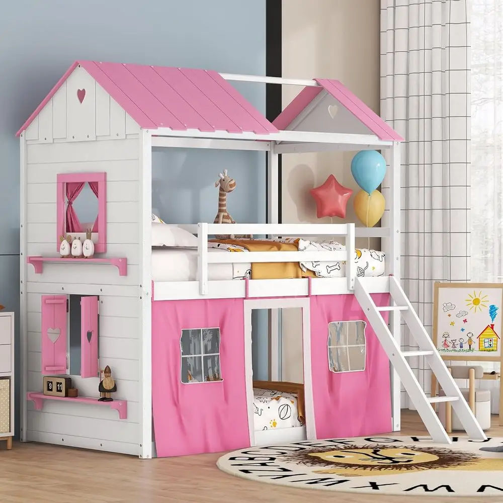 

Twin Over Twin Bunk Bed with Playhouse, Windows, and Wooden House Design for Kids in Pink and White