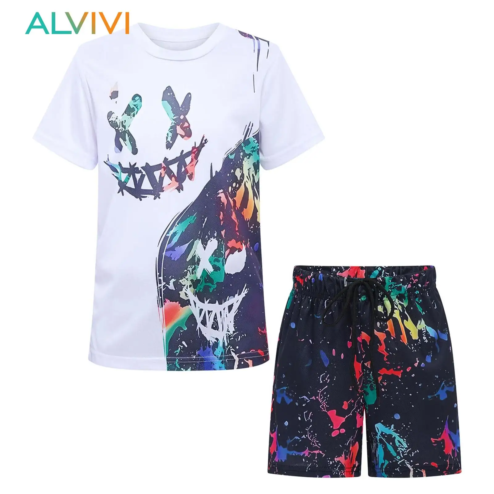 

Kids Boys Soccer Jersey Sets Short Sleeve T-shirt with Drawstring Pockets Shorts Quick-Drying Print Tracksuit Sports Outfit