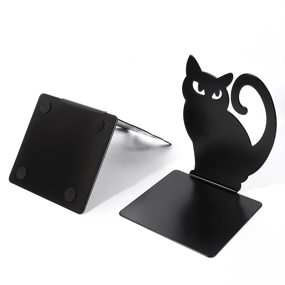2pcs Iron Decorative Cat Bookend Black Thickening Design Cat Shaped Book Stopper Non-Skid Base 4.72x4.37x5.87in Metal Bookends