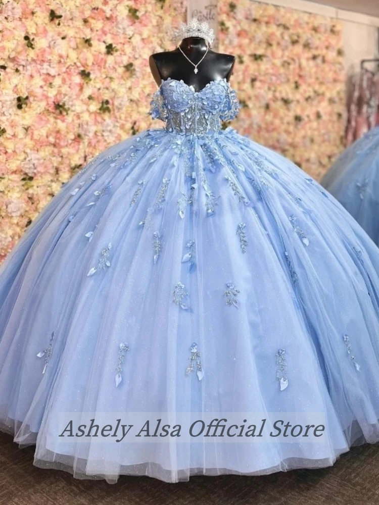 Real Picture Sky Blue Shiny Princess Quinceanera Dresses Off The Shoulder Lace Floral Sweet 16 Dresses Prom Vestido VX 15 Años