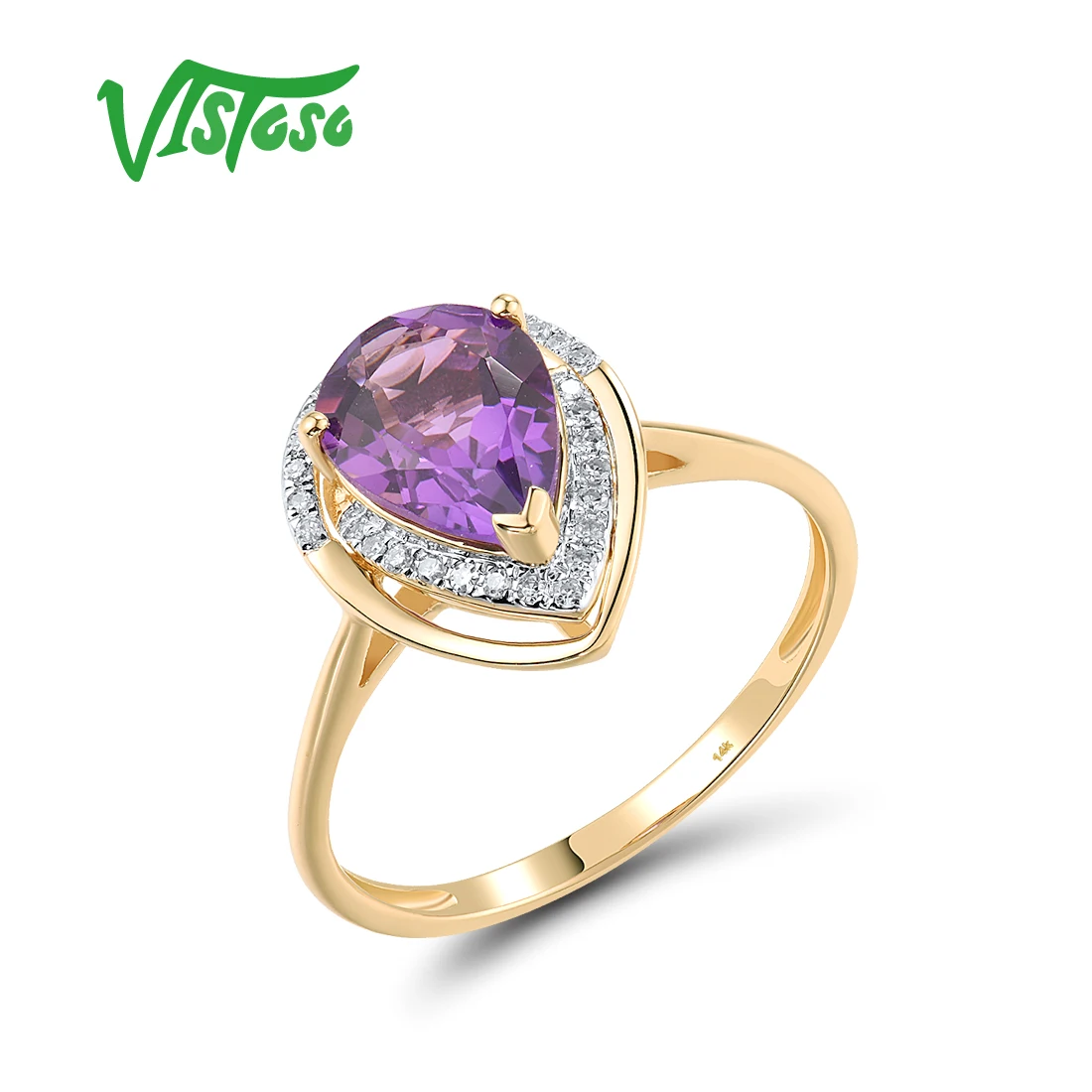 

VISTOSO Genuine 14K 585 Yellow Gold ‌‌Teardrop Ring For Women Sparkling Diamonds Amethyst Romantic Proposal Gift Fine Jewelry