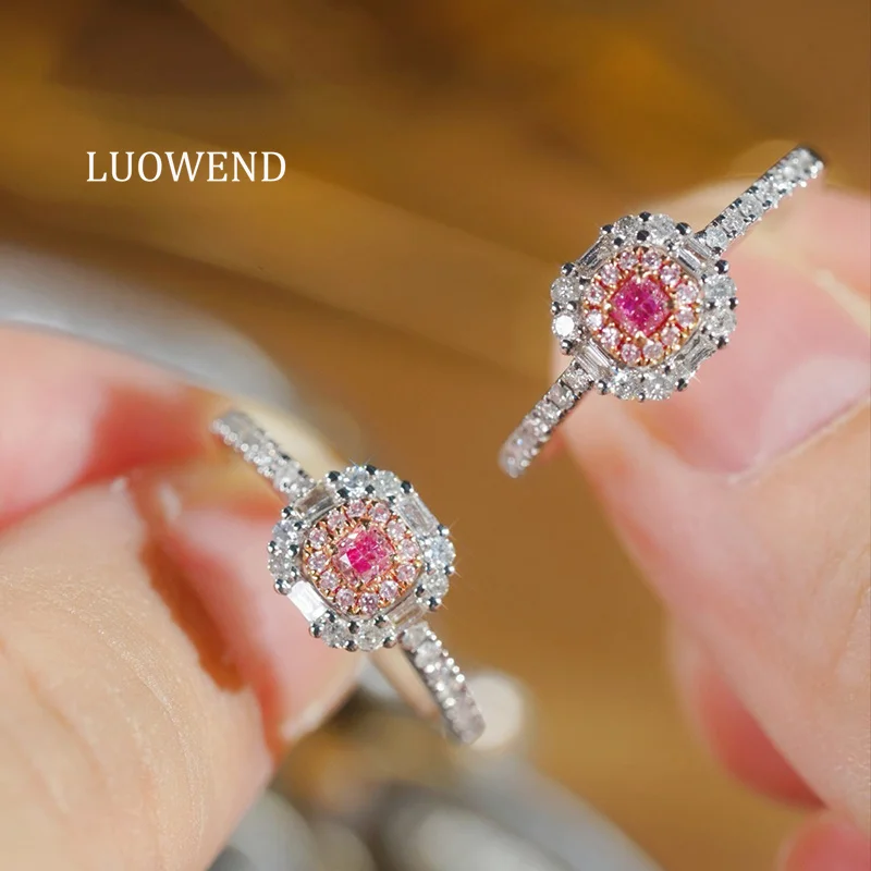 LUOWEND 100% 18K White Gold Rings Elegant Gentle Style Real Natural Pink Diamond Engagement Ring for Women High Wedding Jewelry