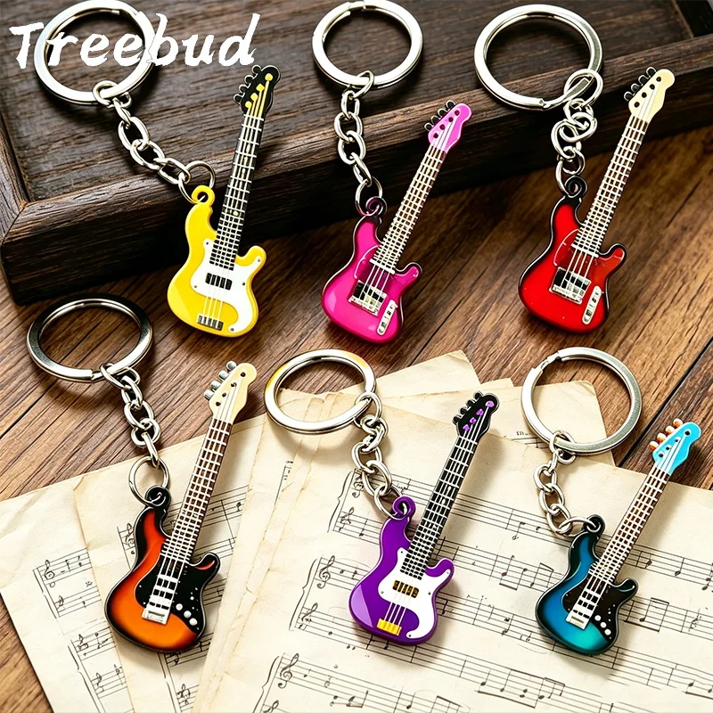 Treebud Custom Vintage Guitar Shape Color Printing Keychain for Friend Metal Musical Instrument Pendant Ring Music Souvenir Gift