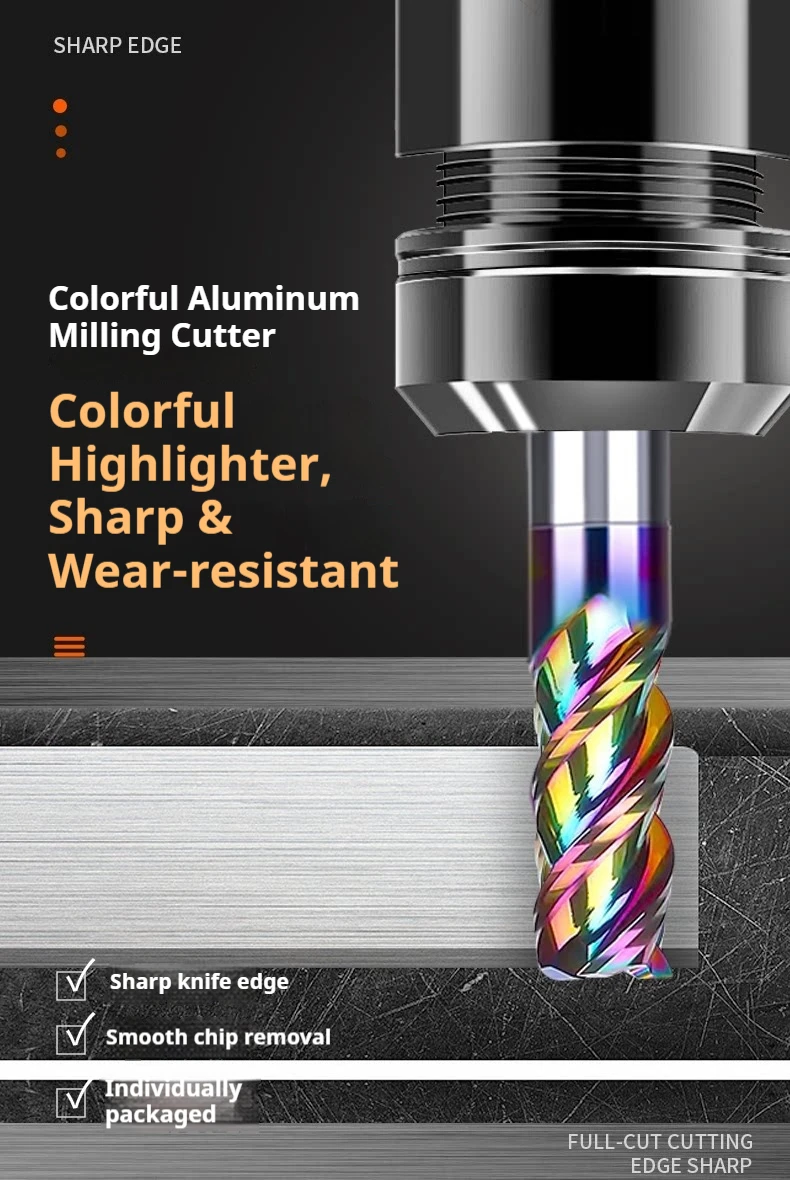 Farbiger Hochglanz-Aluminiumlegierungs-Wolframstahl-Fräser mit D4 D10 D20 3 Schneiden für Luftfahrt-Aluminium U-förmige Nut – Detail 1