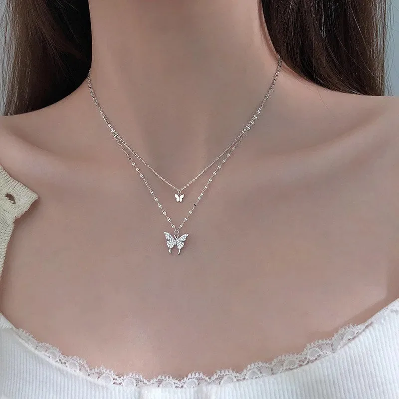 Double Layer Butterfly Necklace Tarnish Resistant Layered Choker Clavicle Chain for Women Minimalist Trendy Jewelry Gift