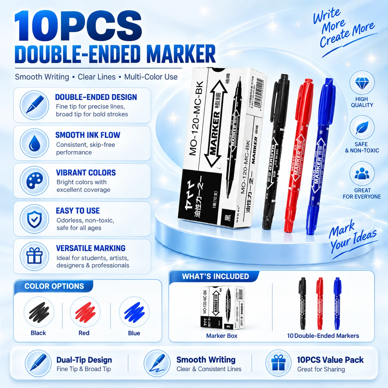 10PCS Double Ended Marker Pens Dual Tip Permanent Markers Fine Broad Tip for Art Drawing Writing Coloring