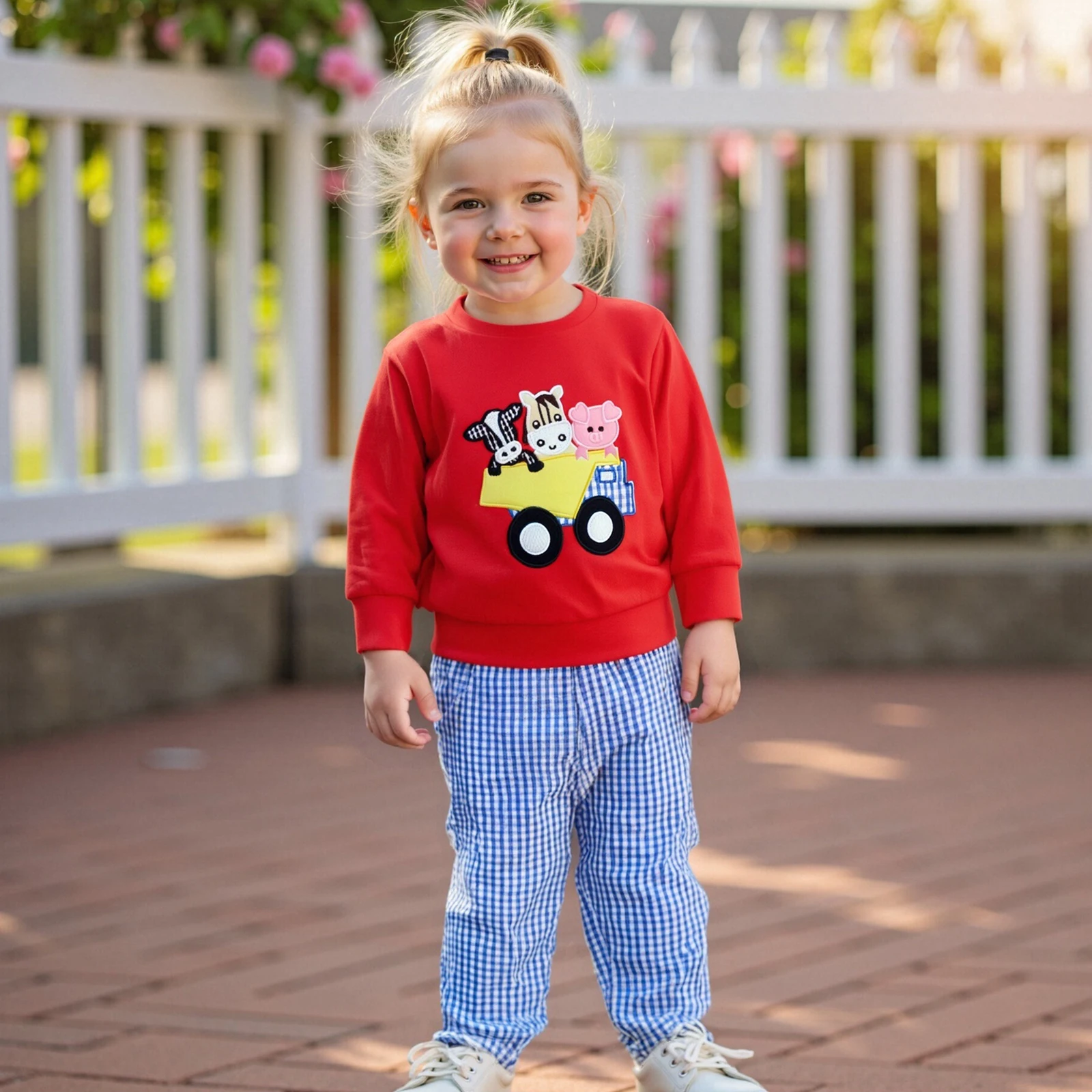 

Kids Boys Girls Outfits Animal Embroidery Long Sleeve Sweatshirt Elastic Plaid Pants 2Piece Sets Activewear