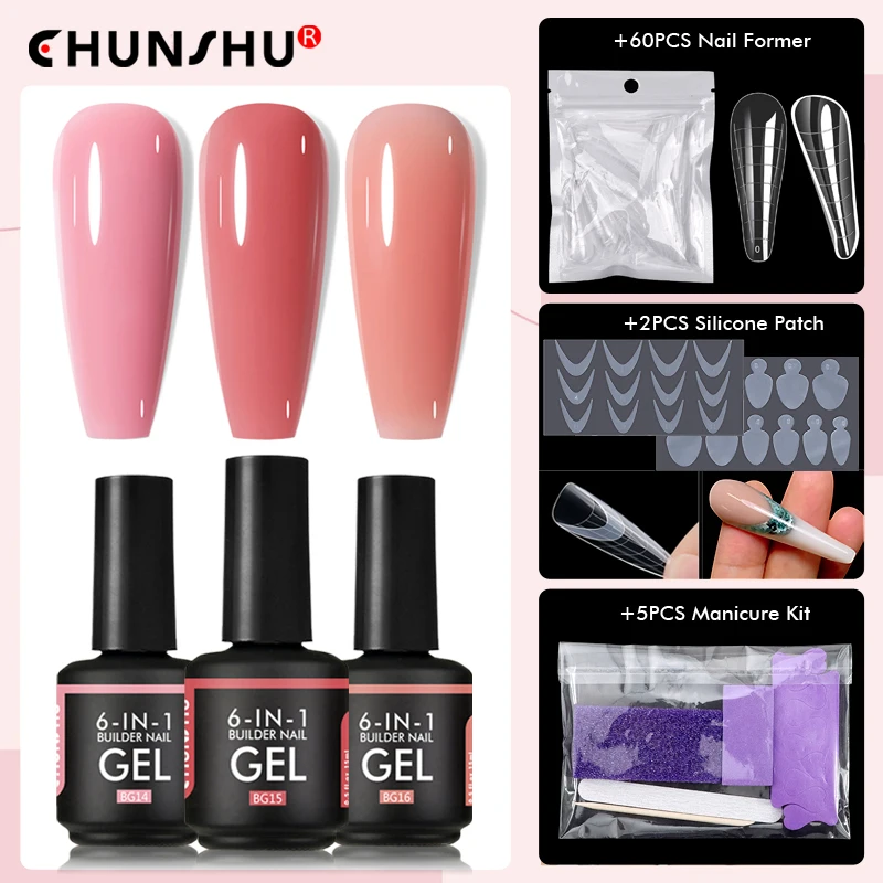 CHUNSHU 3Pcs 6IN1 Extension Gel With Nail Art Tools 15ML Builder Nail Gel In A Bottle Camouflage Quick Building Rubber Base Coat