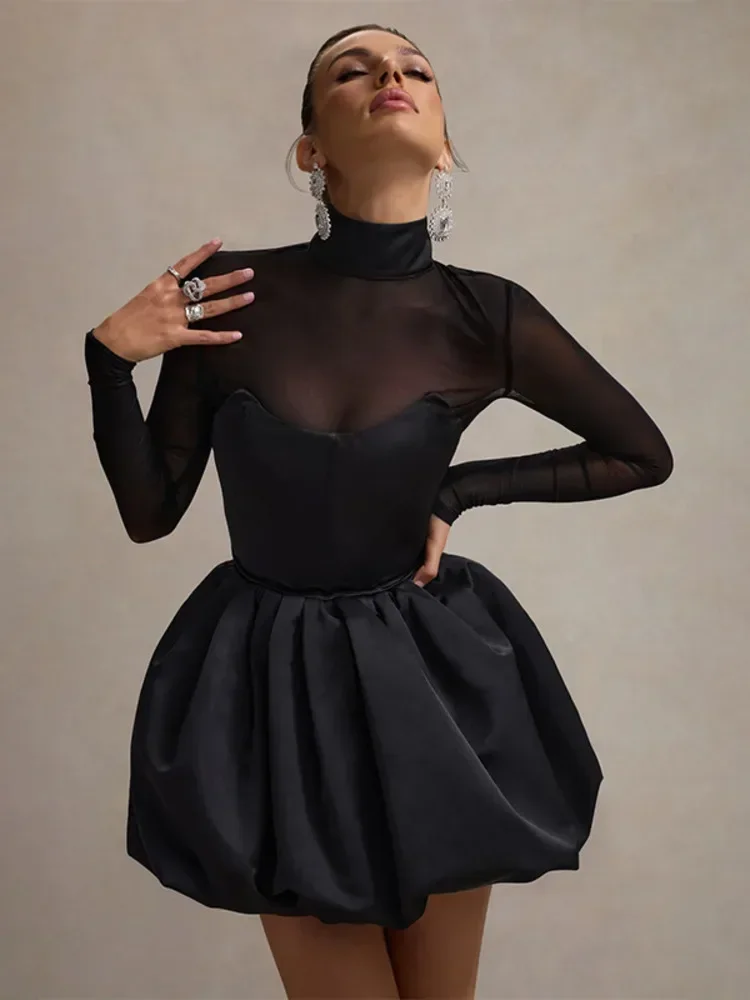 XIZOU Turtleneck Sheer Long Sleeve Sexy Mini Dress for Women Black See Through High Waist A-line Club Party Dress Elegant