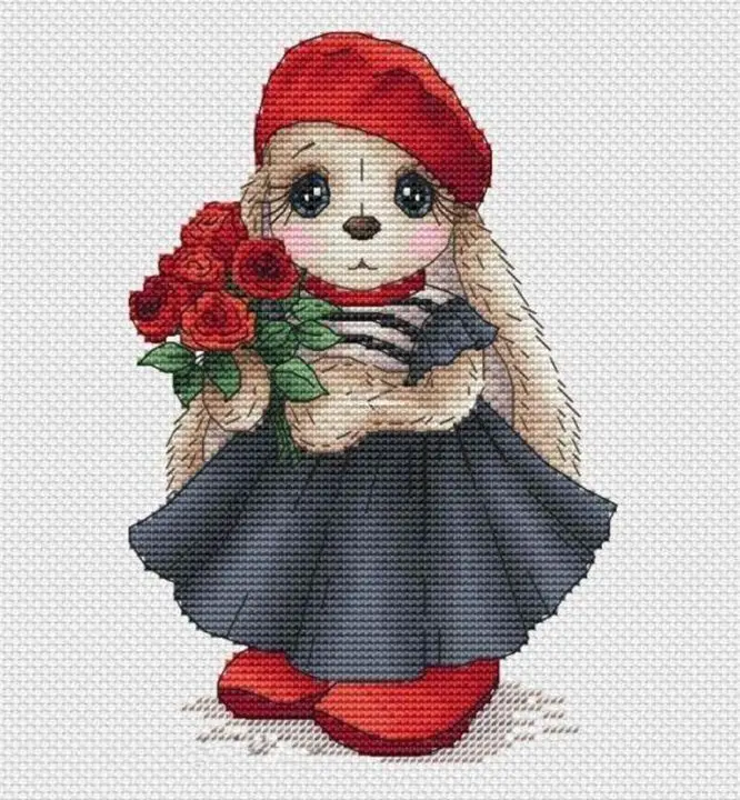 Bunny Holding a Bouquet of Red Roses Embroidery Cross Stitch Kit, Patterns Needlework, DIY Counted Cross Stitch Kits