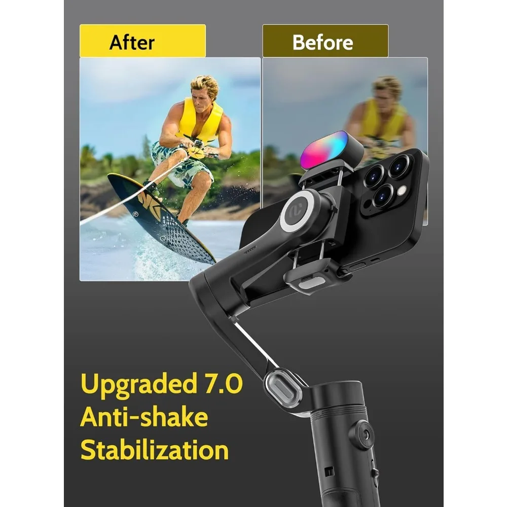 NEW-3-Axis Gimbal Stabilizer for iPhone وAndroid مع ضوء RGB، Gimbal للهاتف المحمول لتسجيل الفيديو مع AI