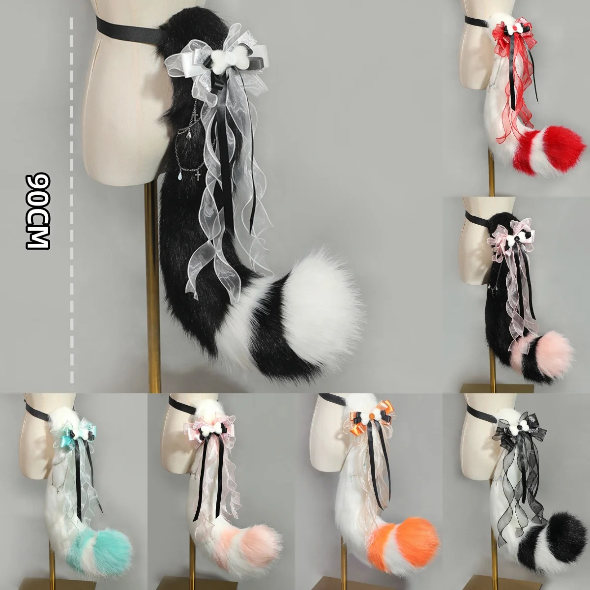 7 Tyeps Simulation Plush Demon Fox Tail Cute Bow Beast Furry Tail Sweet Button KC Cosplay Costume Tail Props 90 CM