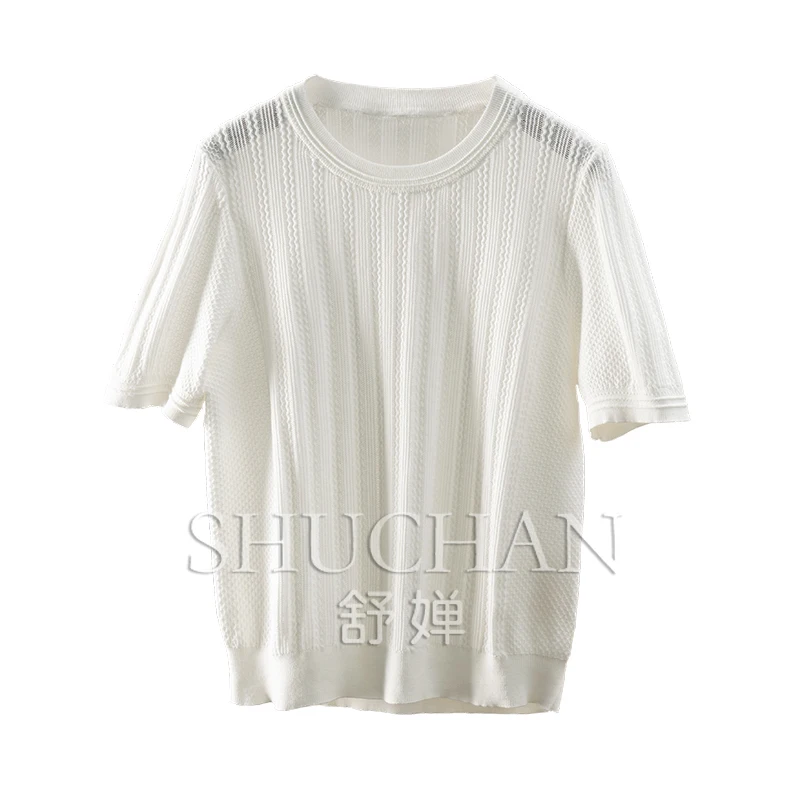 

Hollow Wave Pattern 100 Cotton Crew Neck Short Sleeve Knitted Sweater T-Shirt Women's 53C9 Casacos De Inverno Feminino