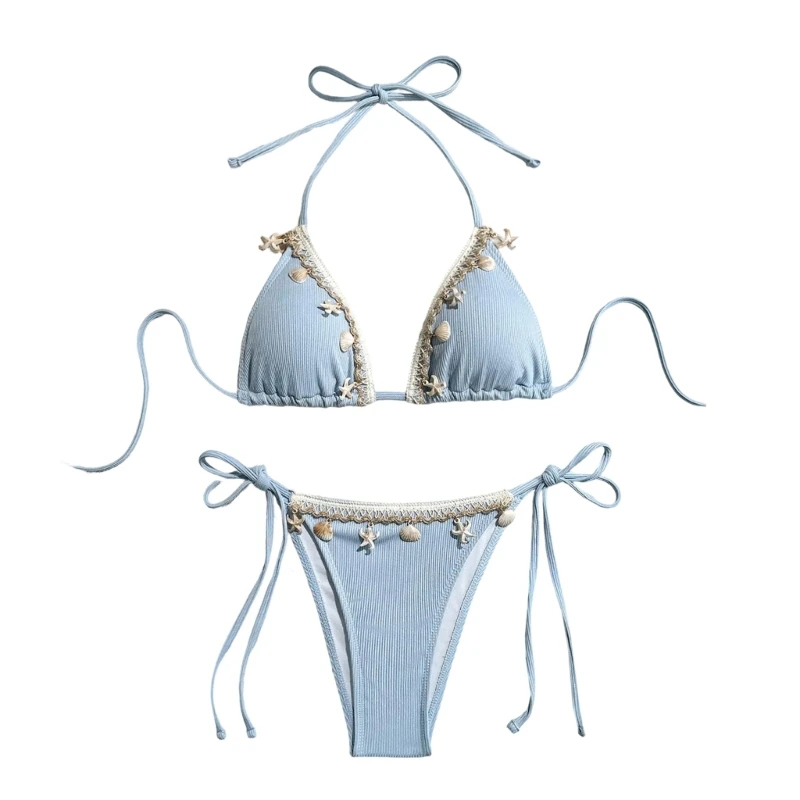 

E8BF Adjustable Tie Strap Beachwear Women's Swimwear with Ocean Shell Accent