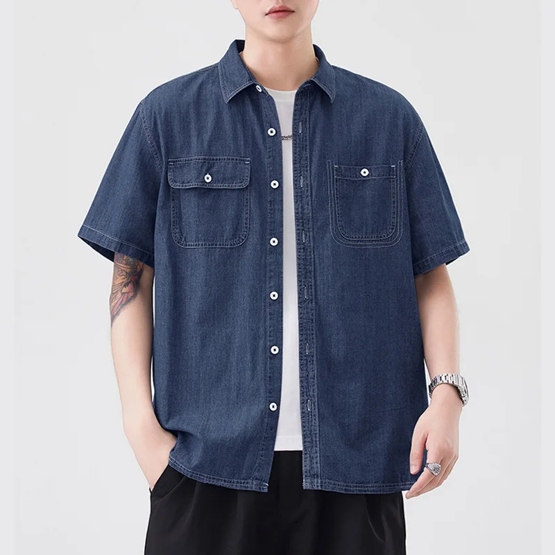 

Летняя легкая хлопковая джинсовая рубашка, мужская свободная повседневная уличная одежда, модные джинсовые рубашки-карго с короткими рукавами, блузки для мальчиков в кампусе
