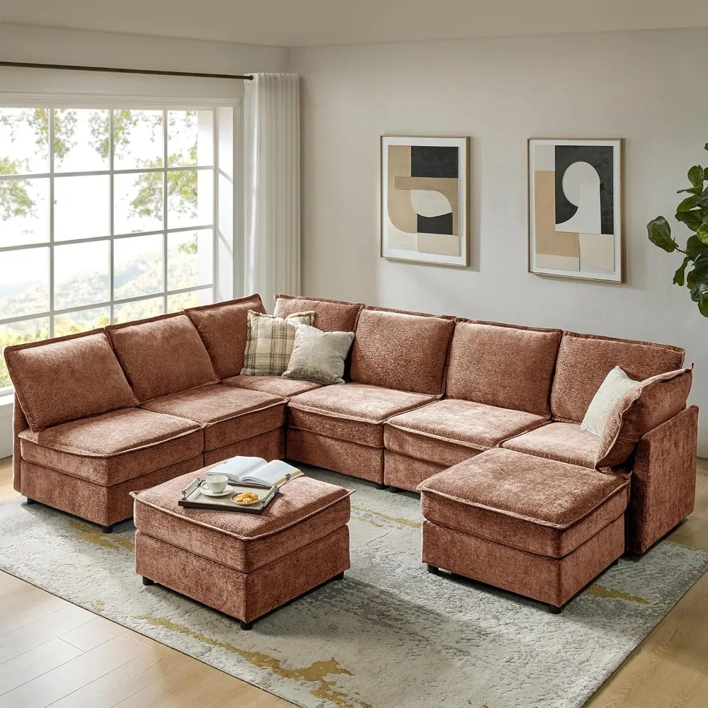 

Oversized Modular Sectional Sofa, 8 Seat U Shaped Couch with Storage Ottoman, Chenille Sofa with Chaise, Convertible Couches