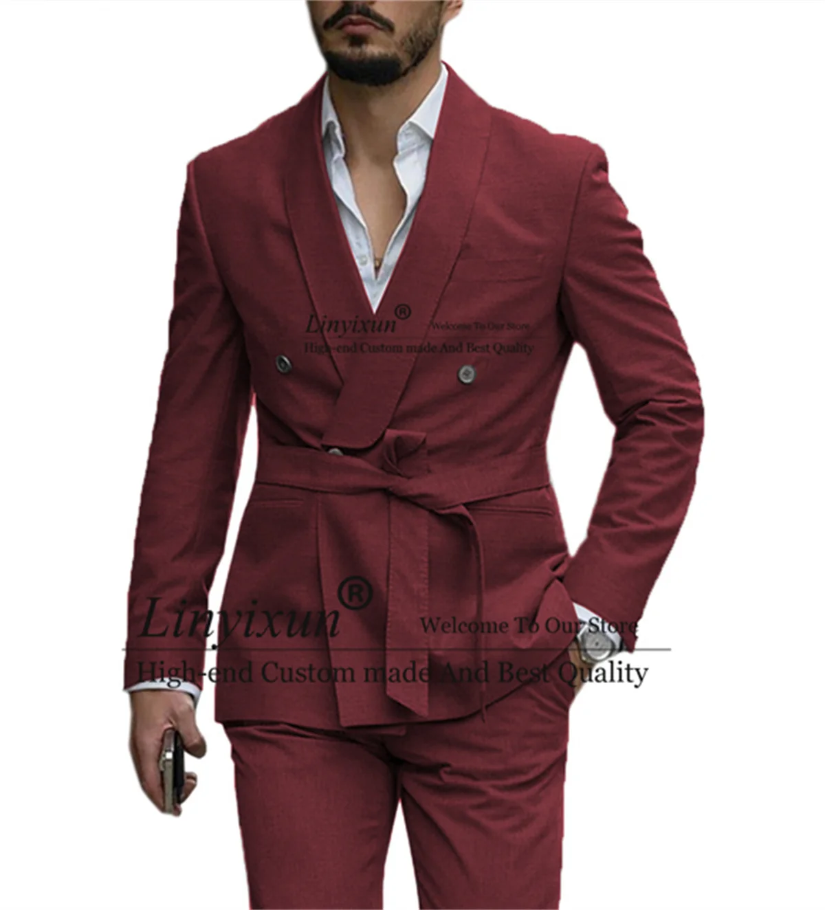 

Fashion Burgundy Men Suits For Wedding Shawl Lapel Groom Tuxedos With Belt 2 Pieces Sets Business Male Blazers Sim Costume Homme