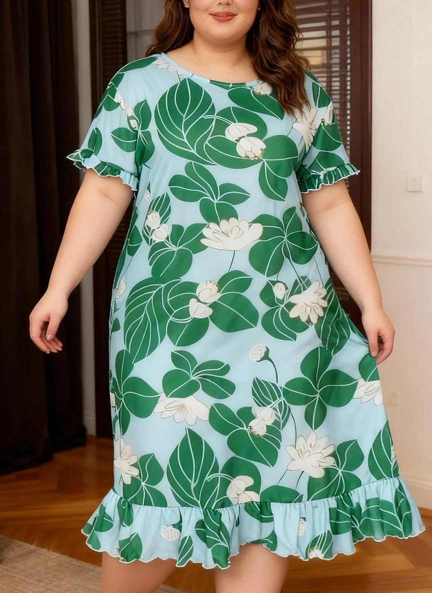 

Женское платье-ночнушка больших размеров с коротким рукавом и круглым вырезом, с элегантным цветочным принтом, весна-лето