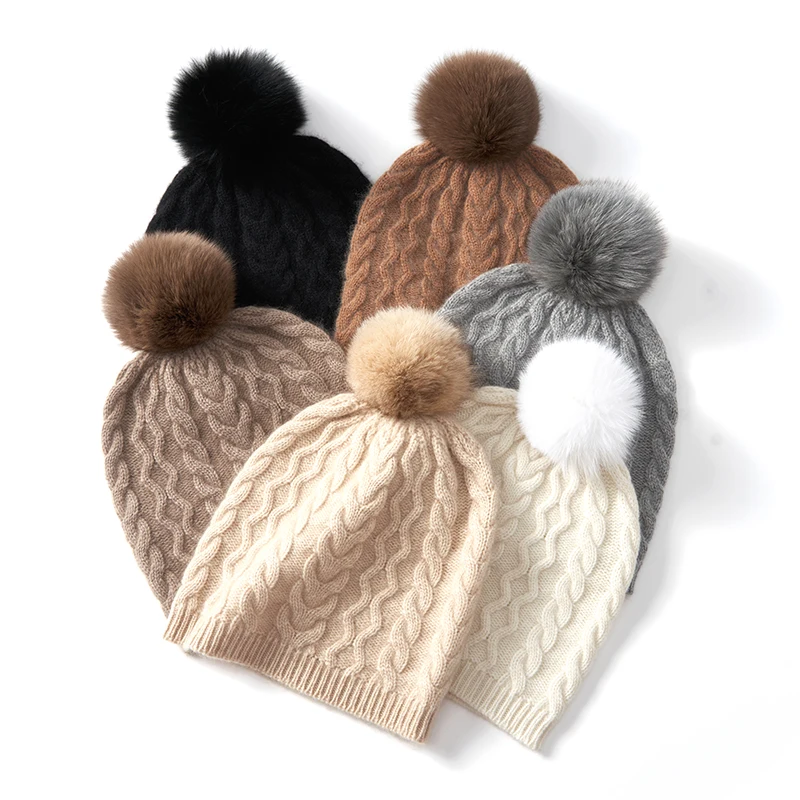 2023 Winter 100% Cashmere Hat for Women Fashion Knit Hat Solid Color Cap Beanies Lady Soft Warm Thick Caps Female Bonnet Hats