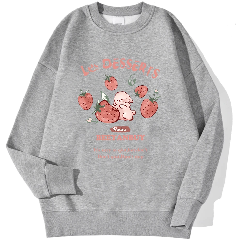 Fashion Women\'S Pullover Cute Strawberry And Rabbit Printed Hoodie Crewneck Soft Warm Breathable Sweatshirt Autumn Winter Hoody