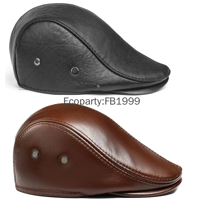 Men's Genuine Leather Hat Vintage Classic Thicker Warm Cowhide Leather Berets With Ears Snapback Cap Fashion Cap Gifts for Dad