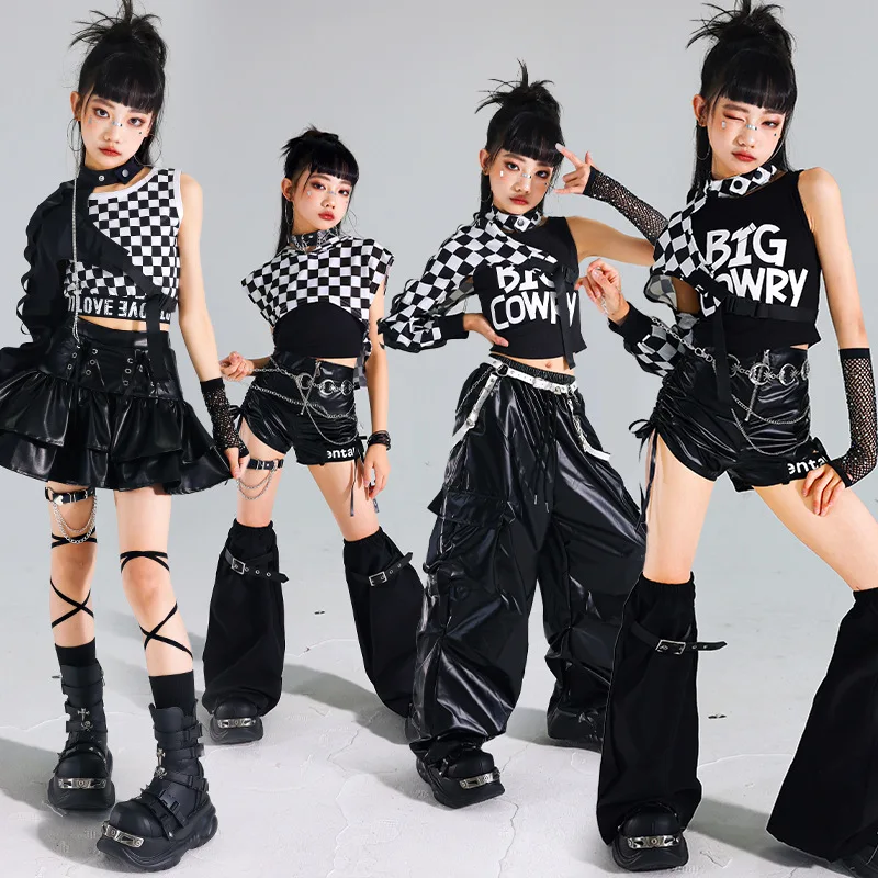 Hip Hop Girls Crop Top Plaid Cuff Cargo Pants Children Streetwear Hoodies Shorts Clothes Set Kids K-pop Jazz Girl Group Costumes
