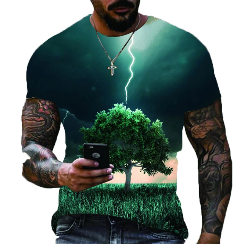 

3D Natural Printing T Shirts for Men Summer Round Neck Oversized T-shirt Men's Lighting Cool Digtal Tee Top Clothes Men Clothing