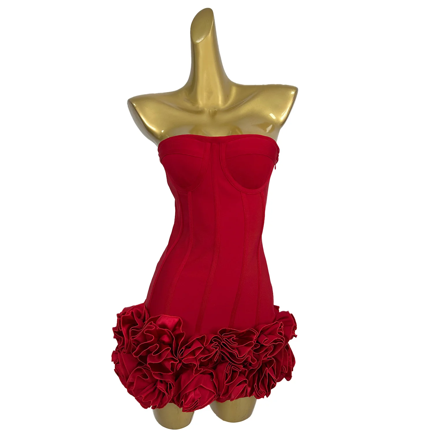 

European American Style Strapless Mini Skirt Red three-dimensional Flower Bandage Dress Birthday Cocktail Party Dress A2420