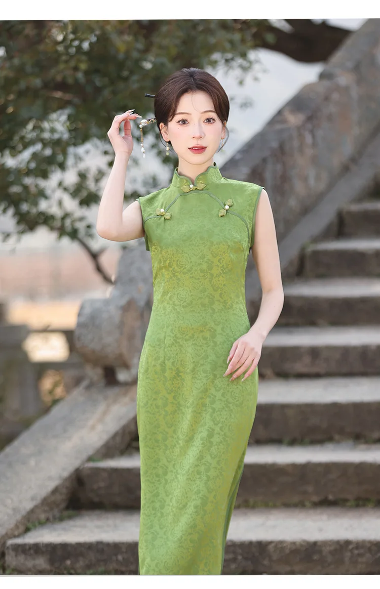 Improved Young Girls High-end Green Jacquard Cheongsam Satin High-end Gentle Chinese Style Qipao Evening Dress for Women