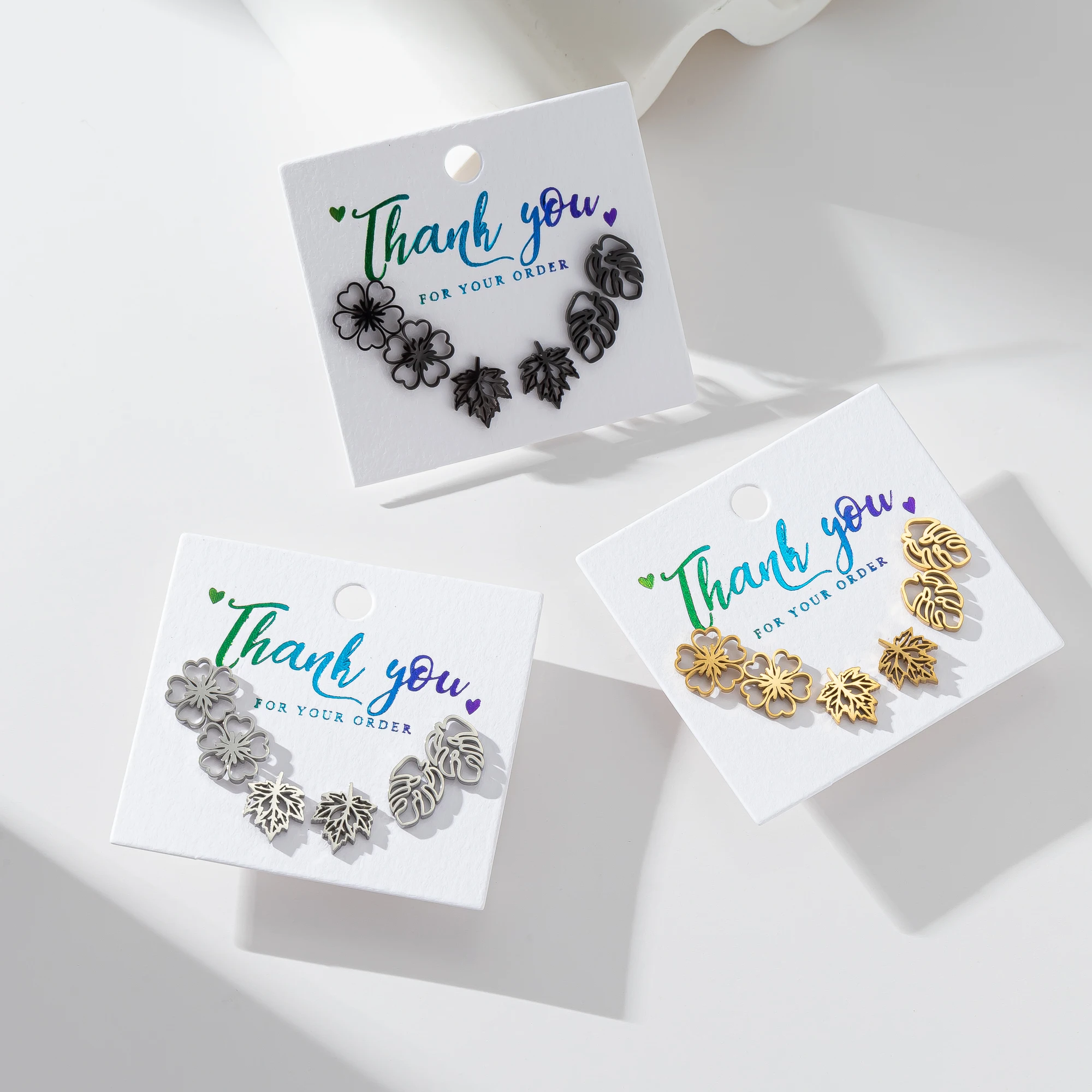 3Pairs/Lot Plum Blossom Stud Earrings Stainless Steel Lucky Flower Leaves Ear Piercing Jewelry Birthday Gift