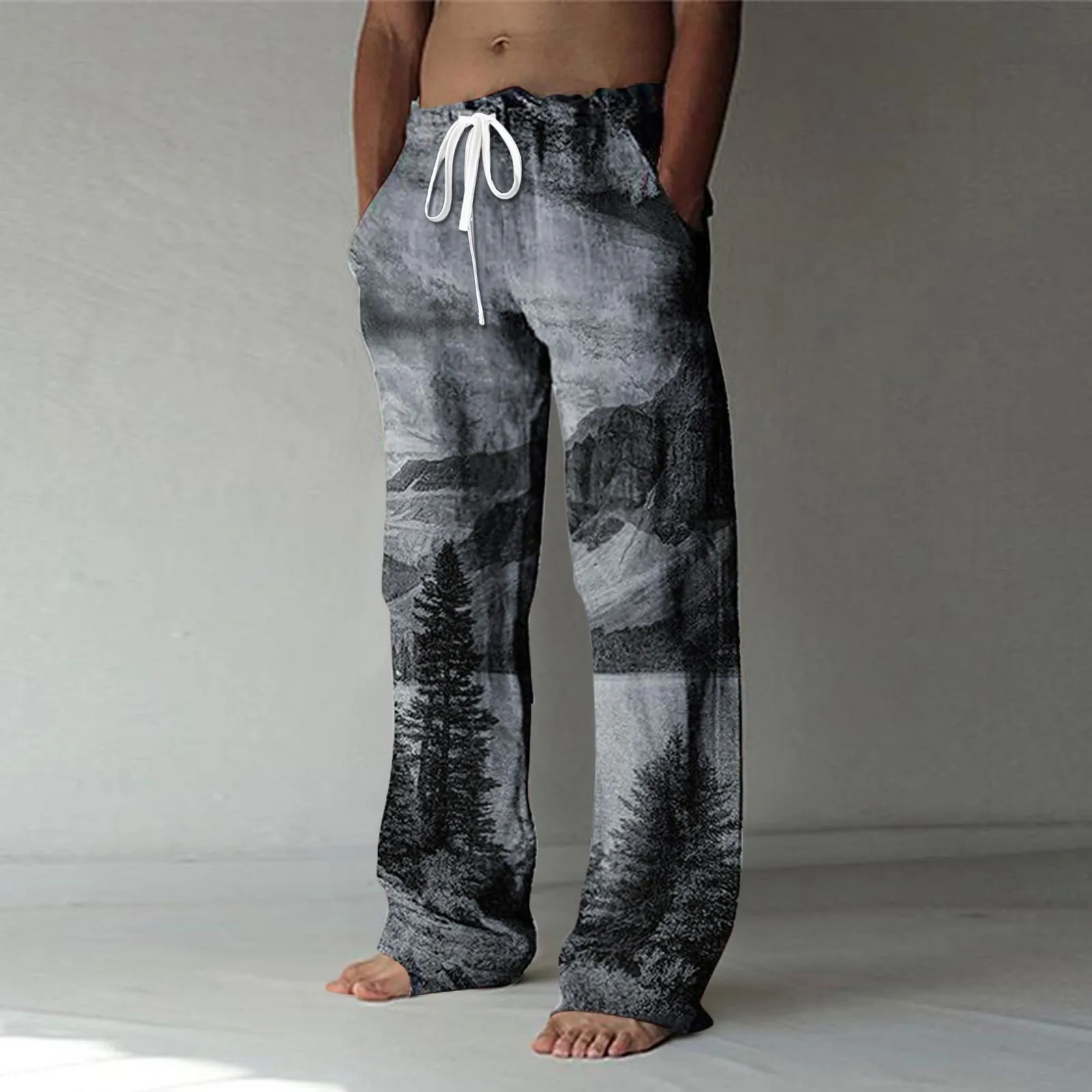 

2024 Men's Spring And Summer Fashion Printing Loose Long Pants Casual Drawstring Elastic Waist Straight Wide Leg Trousers