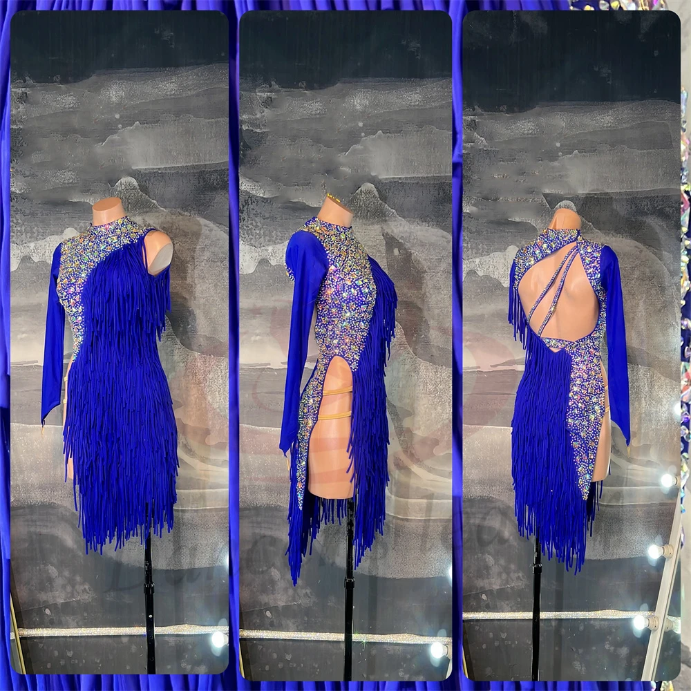 Vestido de baile latino AB Stone para mujer, adulto y niño, personalizado, de gama alta, azul real con borla, negro, piscina, Samba