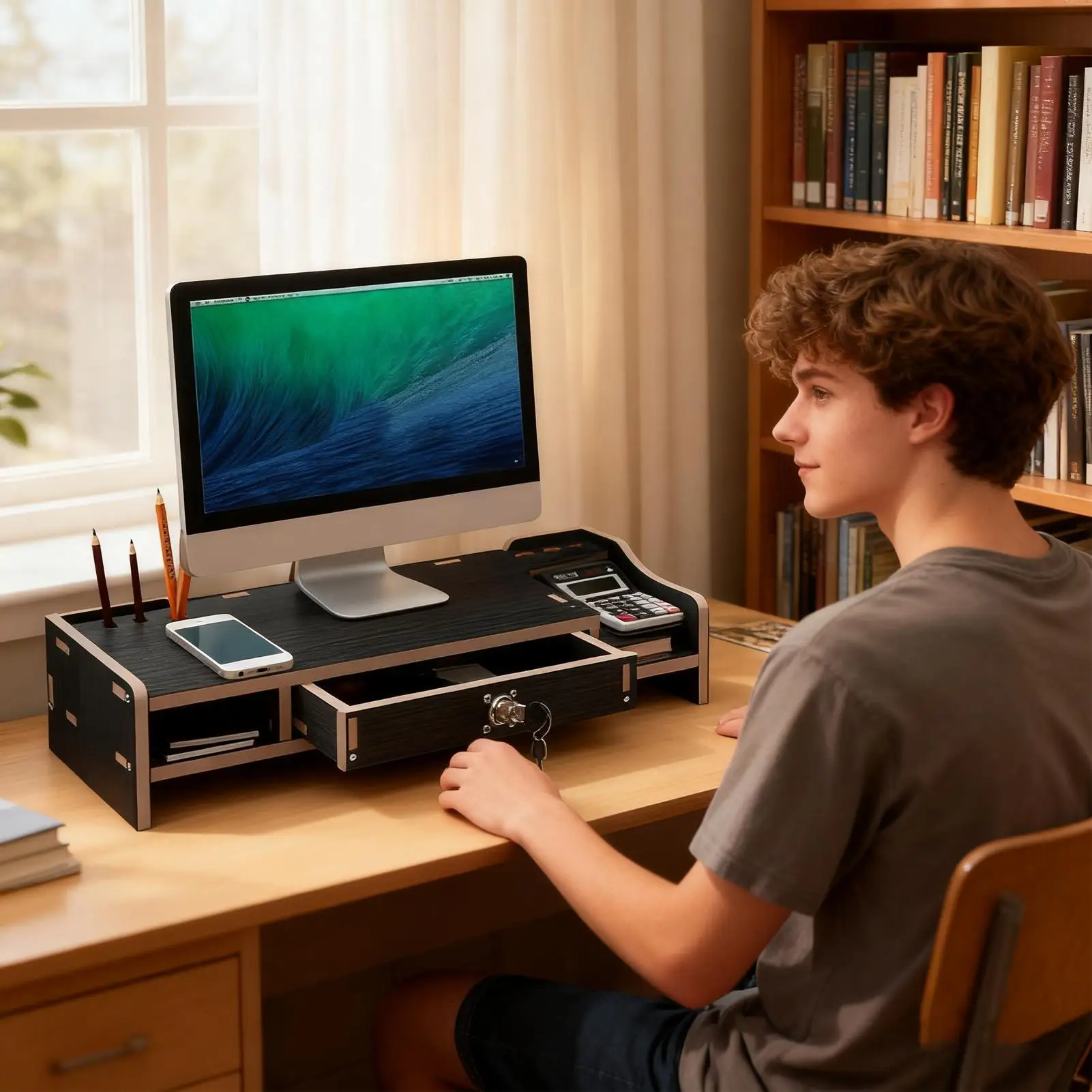 Monitor Riser Wooden Desktop Organizer Shelf With Drawer Desk Shelf Organizer For Laptop Printer PC TV Screen Pen Home Dorm