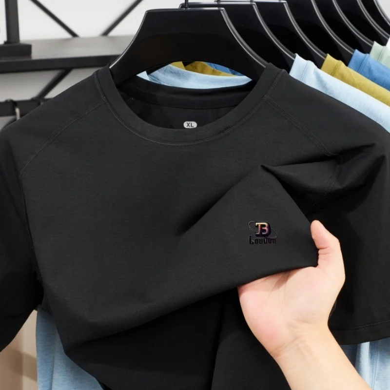 

Summer high-end new men's ice silk short sleeved casual sports cool quick drying t-shirt designer brand badge round neck top