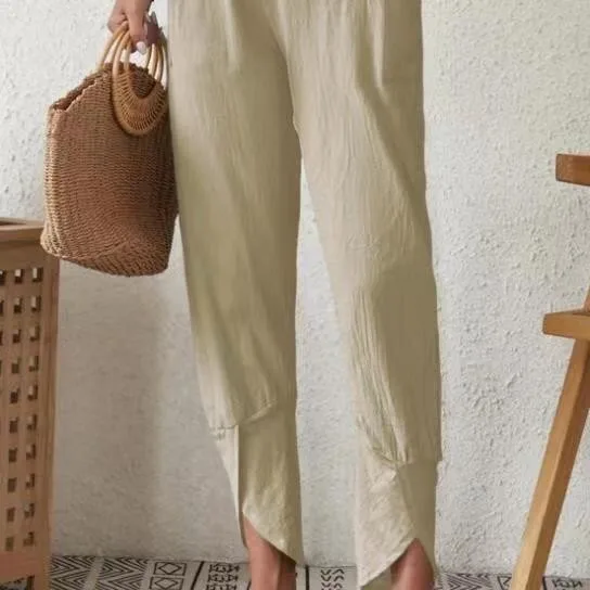 Loose Cotton Linen Pants Autumn New Style Casual Pure Color Cuffed Trousers with Pockets Women's Fashion Comfortable Trousers