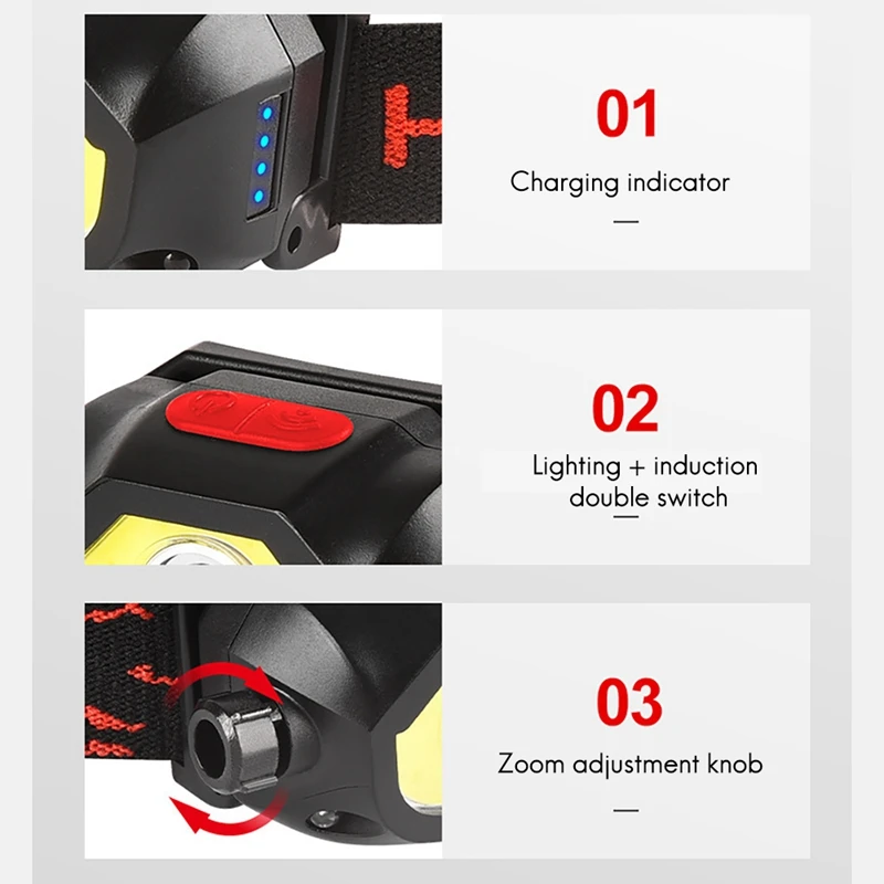 Lampe de poche LED aste avec détecteur de mouvement, lampe frontale, lampe de sauna, super lumineuse, adaptée au camping en plein air, à la course, 2 paquets