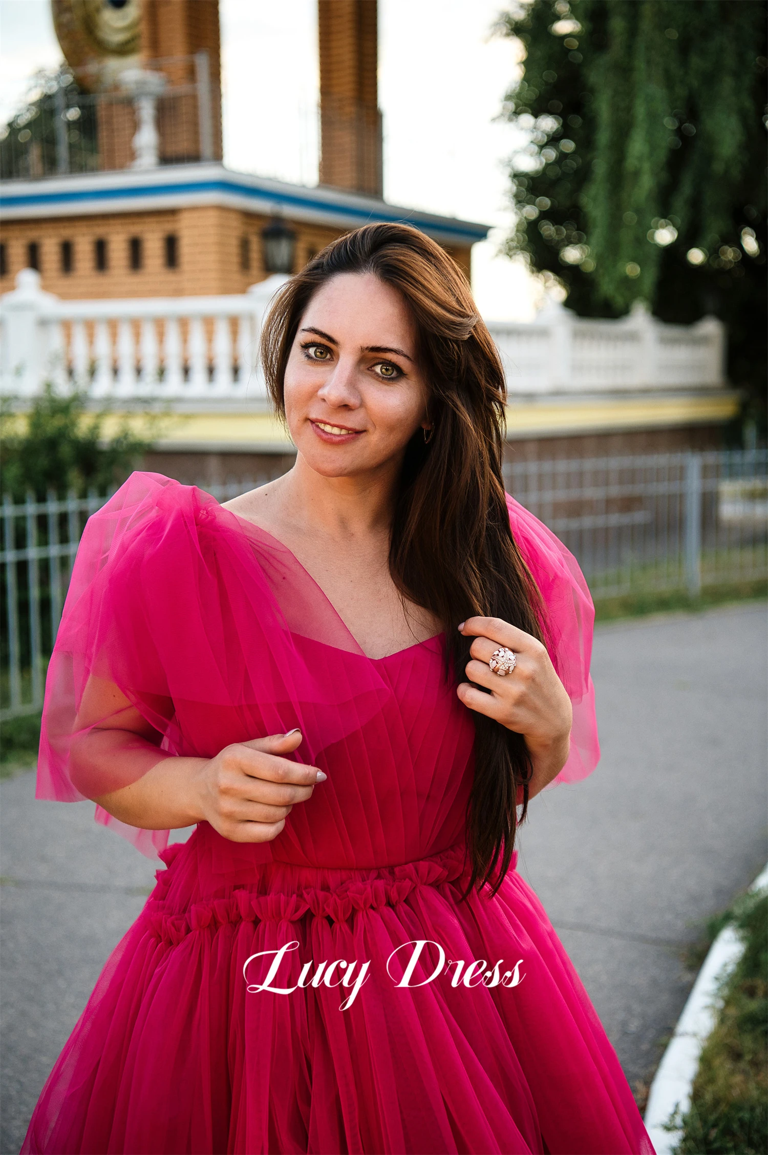 Lucy-vestido de graduación rosa roja para mujer, vestido de fiesta de cumpleaños en capas, línea A, malla de lujo, elegante, vestidos de noche para mujer