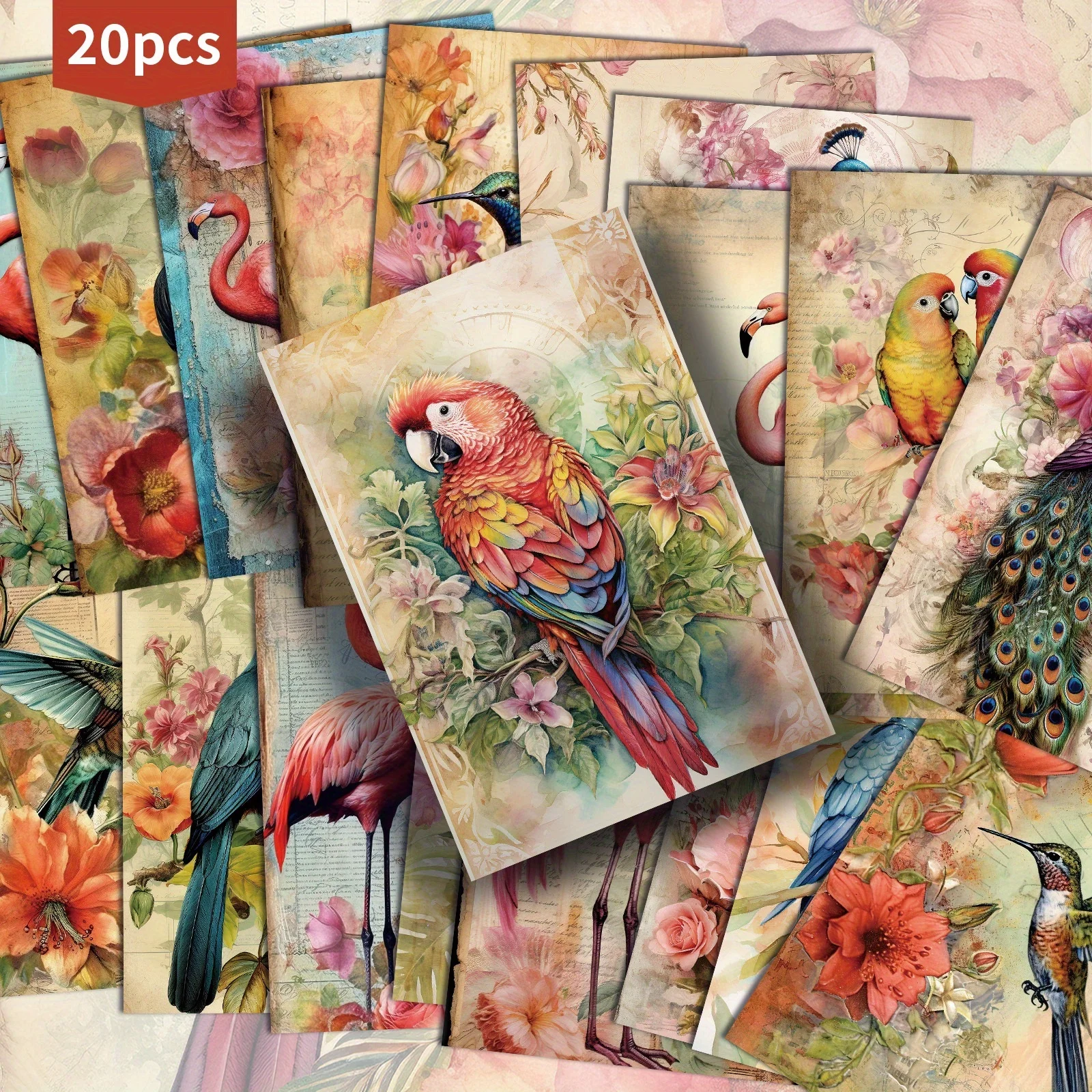 20PCS Vintage Bird Postcards, Featuring Classic Girl Illustrations, Vibrant Parrot and Peacock Art, and Floral Patterns