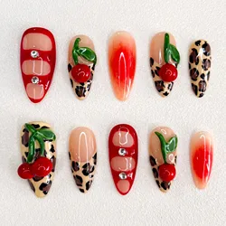 10 Pieces of Hand Manicure Medium Almond False New 3D Cherry Nails Press Nails Design, Press on Nails