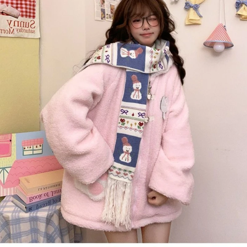 Japanese Cute Thicked Lamb Fleece Coat Women Sweet Sailor Collar Cat Embroidery Plush Jackets 2025 Ropa Mujer Warm Loose Outwear