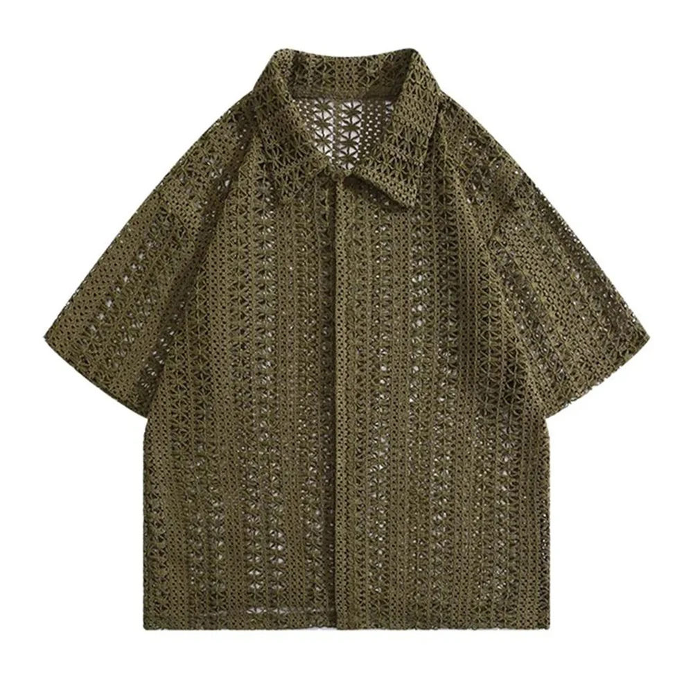 

Men's Solid Color Hollow Knitted Short-Sleeved Shirt American Retro Fashion Trend Leisure Loose Breathable Summer New Men's Tops