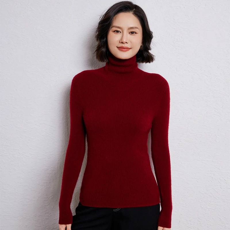 100% Pure Wool Slim-fit Sweater Women's Turtleneck Knitted Pullover Casual All-Match Cashmere Tops New Winter Warm Base Shirt