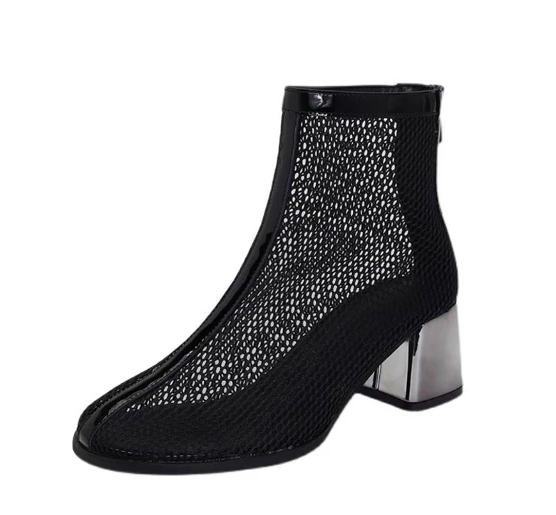 Black White Mesh 6 cm Silver Chunky Heel Ankle Boots Round Toe Back Zipper Fishnet Summer Boots Women