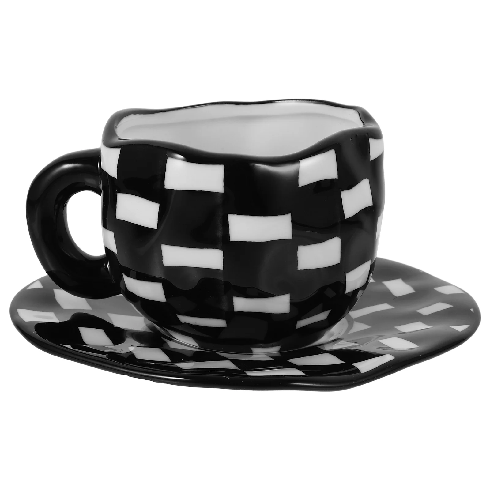 

1Set Black White Checkerboard Coffee Mug with Saucer Ceramic Drink Cup for Tea Milk Juice Household Decorative Breakfast Cup