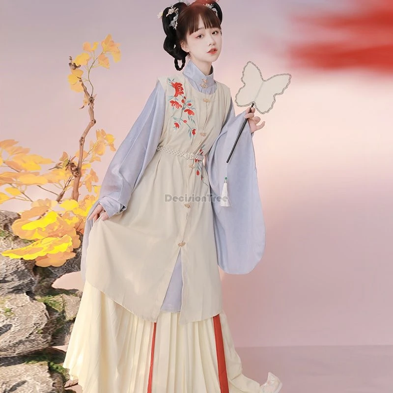 2025 chinese ancient ming dynasty style hanfu for women autumn and winter stand collar big sleeve blouse pleated skirt hanfu set