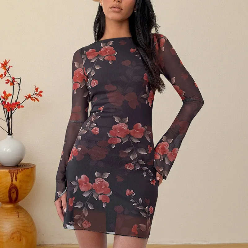 YL25286PFO 2025 automne Sexy maille florale moulante fille chaude robe courte