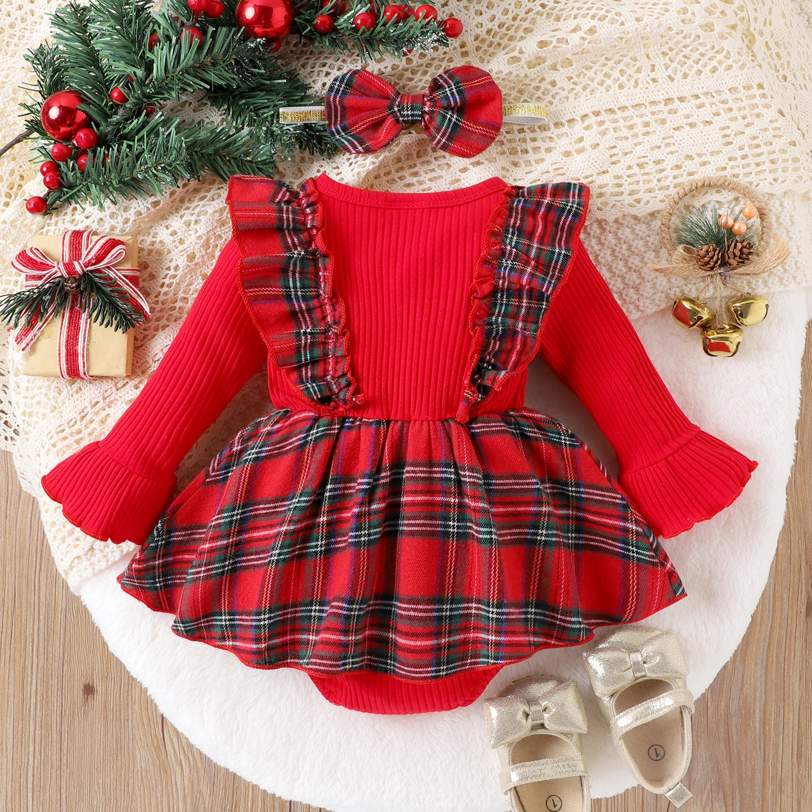 Baby Girls Long Sleeve Christmas Rompers Infant Ribbed Plaid Round Neck Bodysuit Headband Sweety Newborn Xmas Jumpsuits