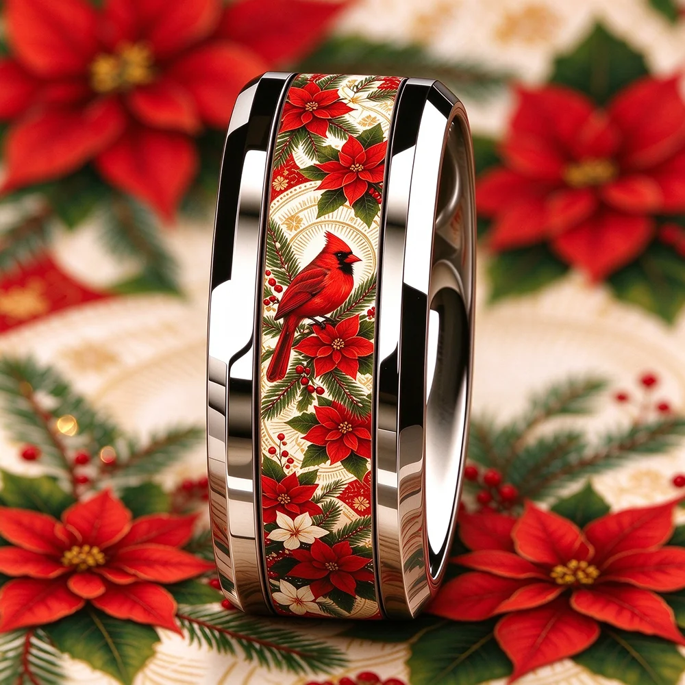 Boho Christmas Red Cardinal Bird Poinsettia Pattern Ring Elegant Stainless Steel Rings For Women Men Wedding Party Jewelry Gifts
