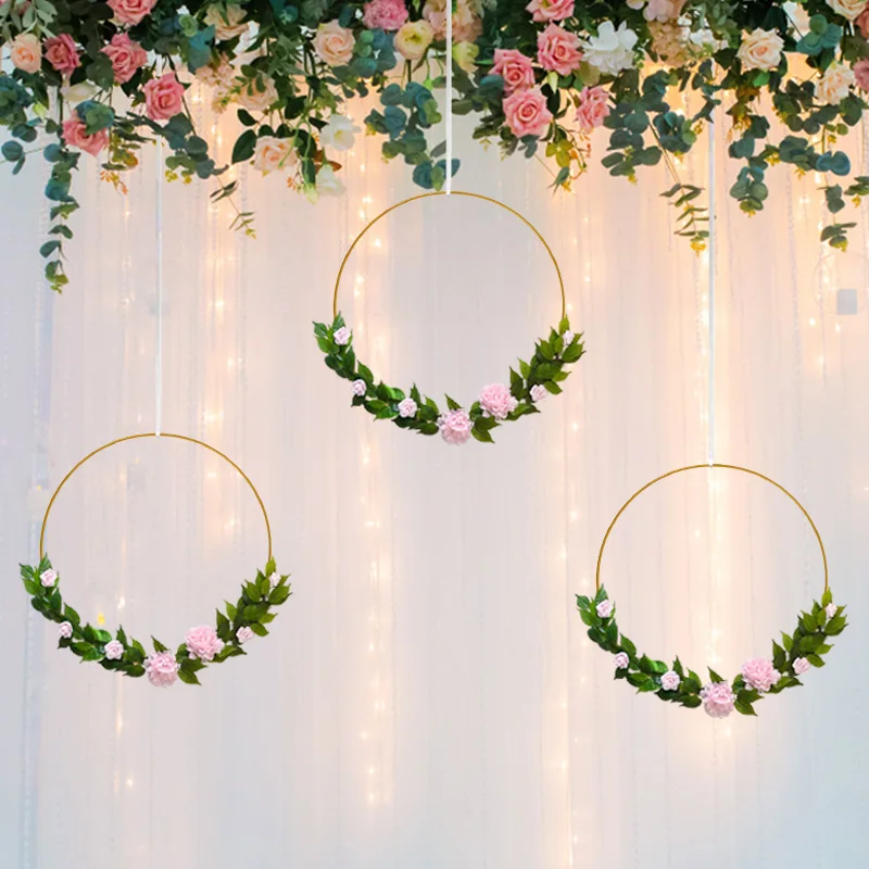 20-35cm Wedding Wreath Metal Ring Hoop With Wooden Base Artificial Flowers Metal Garland For Wedding Christmas Party Table Decor