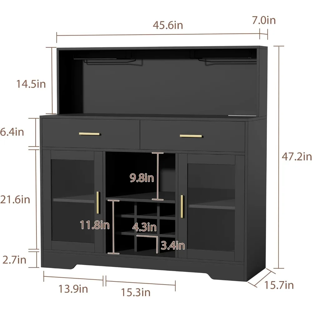 Wine Bar Cabinet with LED Light, Kitchen Coffee Bar Cabinet with Power Outlet, Home Liquor Cabinets with Glass Holder and Wine R